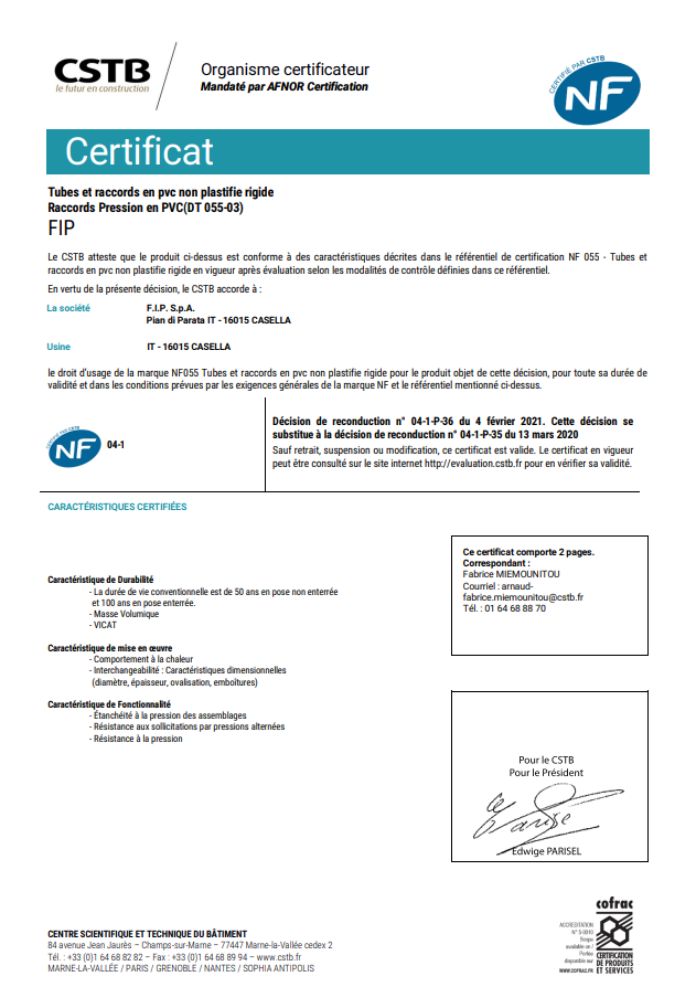 Certificat NF - Raccords Pression en PVC (DT 055-03) Certificat NF - Raccords Pression en PVC (DT 055-03)