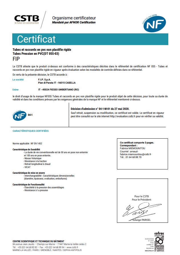 Certificat NF - Tubes Pression en PVC (DT 055-03) Certificat NF - Tubes Pression en PVC (DT 055-03)