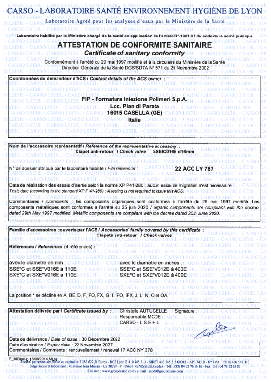 ACS Clapet anti retour PVCC SXE SSE ACS Clapet anti retour PVCC SXE SSE