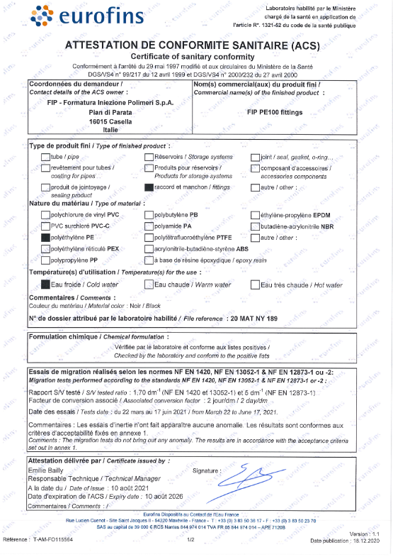ACS 20 MAT NY 189 PE100 fittings - FIP ACS 20 MAT NY 189 PE100 fittings - FIP