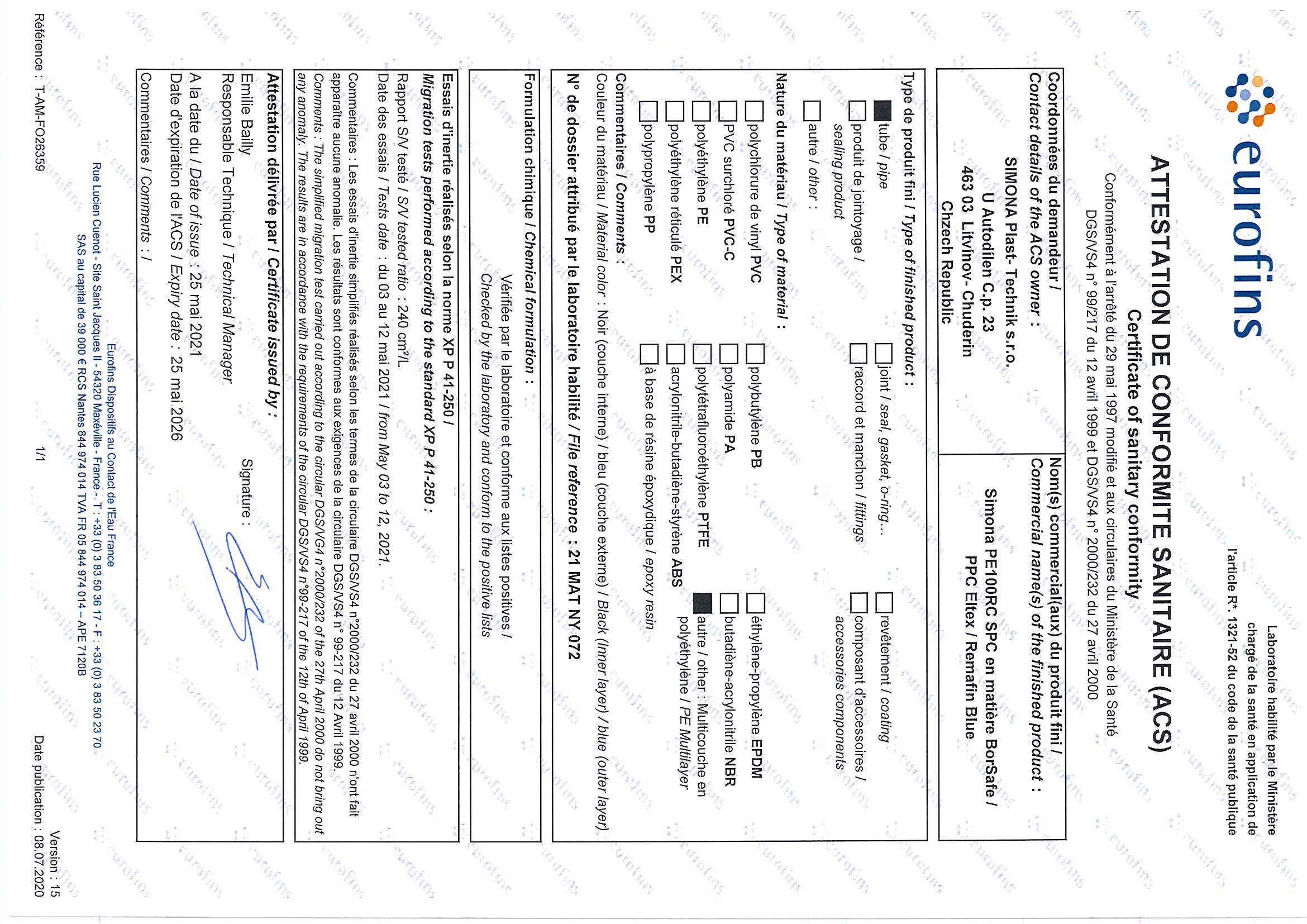 Attestation de conformité sanitaire (ACS) Tube PE100 RC SPC Borsafe Attestation de conformité sanitaire (ACS) Tube PE100 RC SPC Borsafe