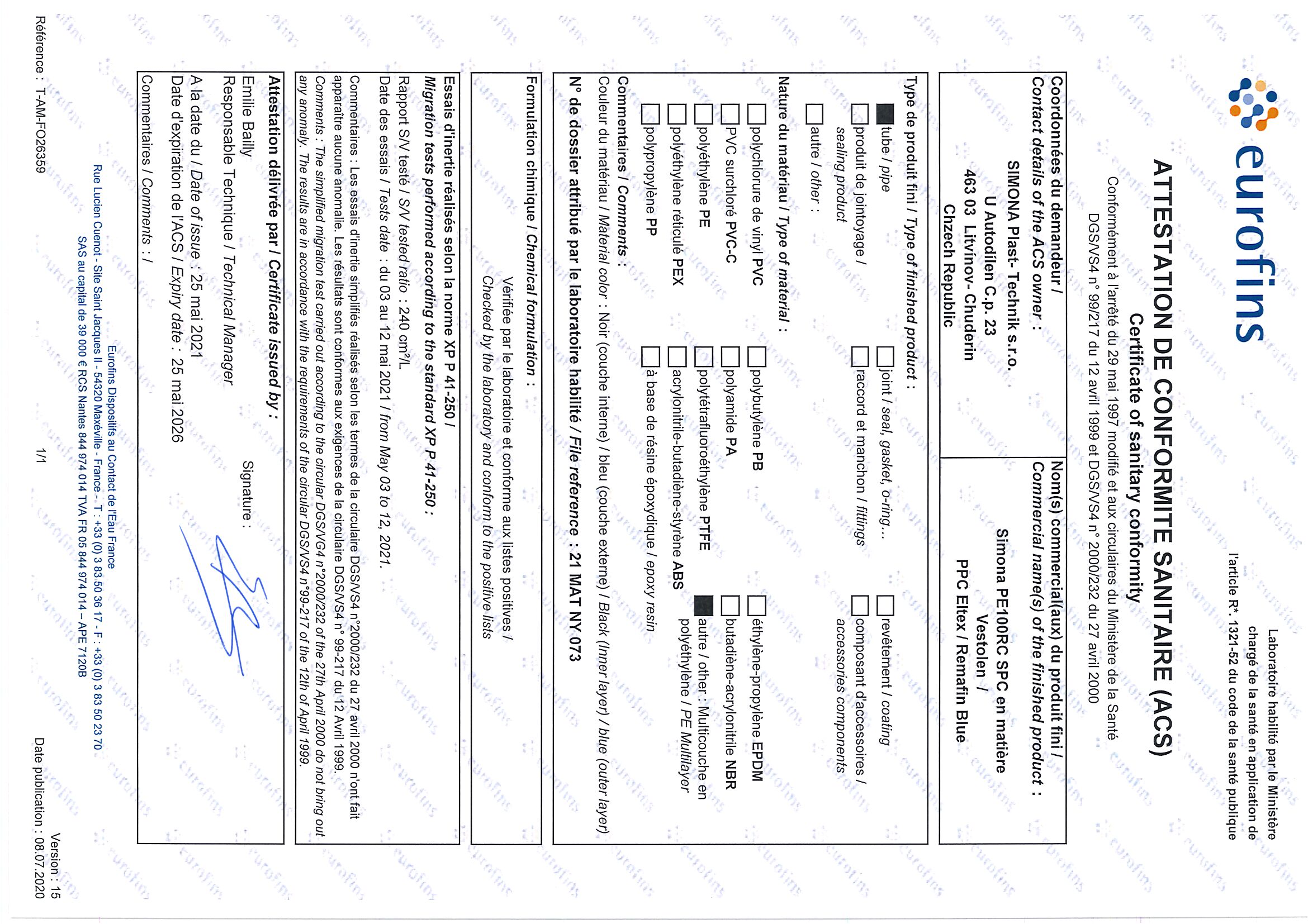 Attestation de conformité sanitaire (ACS) Tube PE100 RC SPC Vestolen Attestation de conformité sanitaire (ACS) Tube PE100 RC SPC Vestolen
