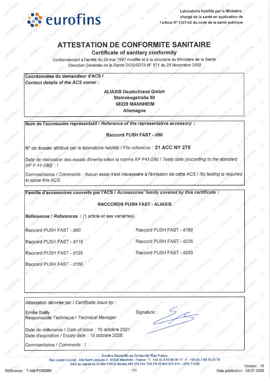 Certificat ACS PUSH-FAST® Certificat ACS PUSH-FAST®