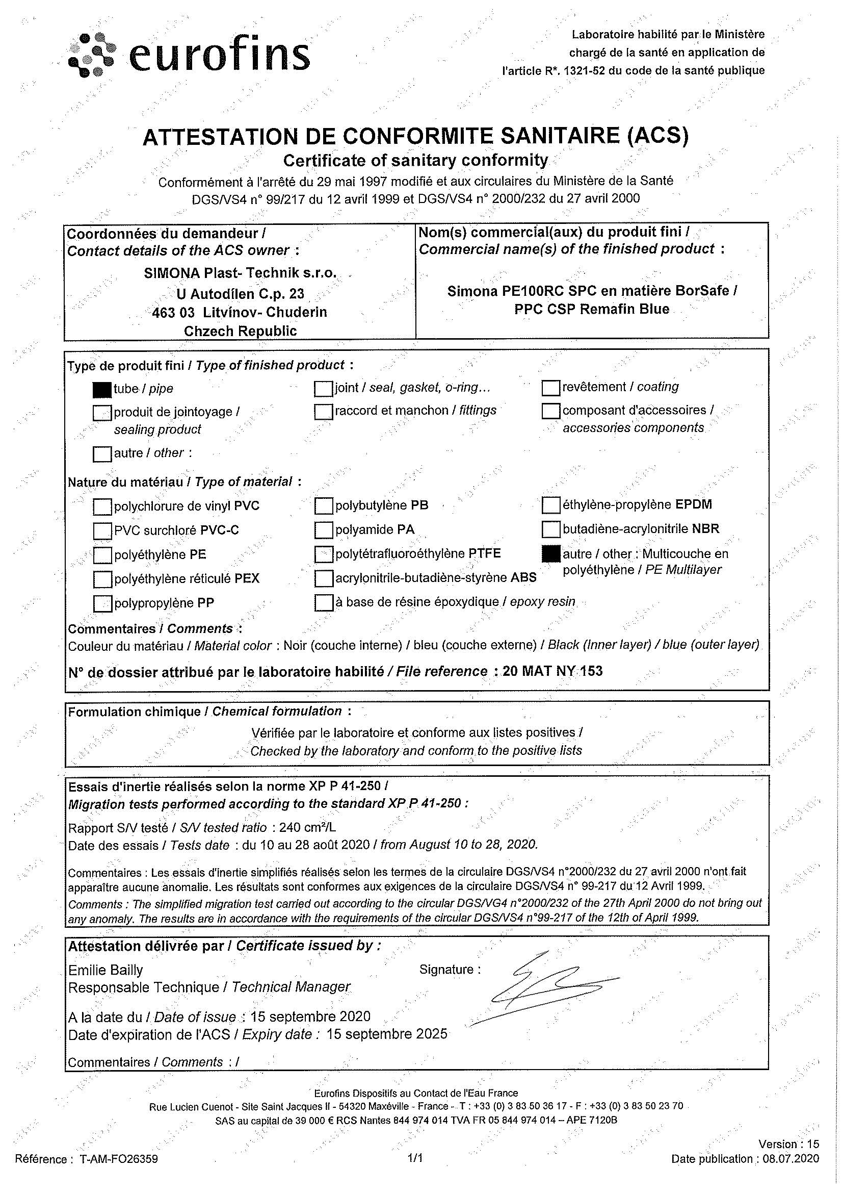 Attestation ACS ube PE100 RC Attestation ACS Tube PE100 RC