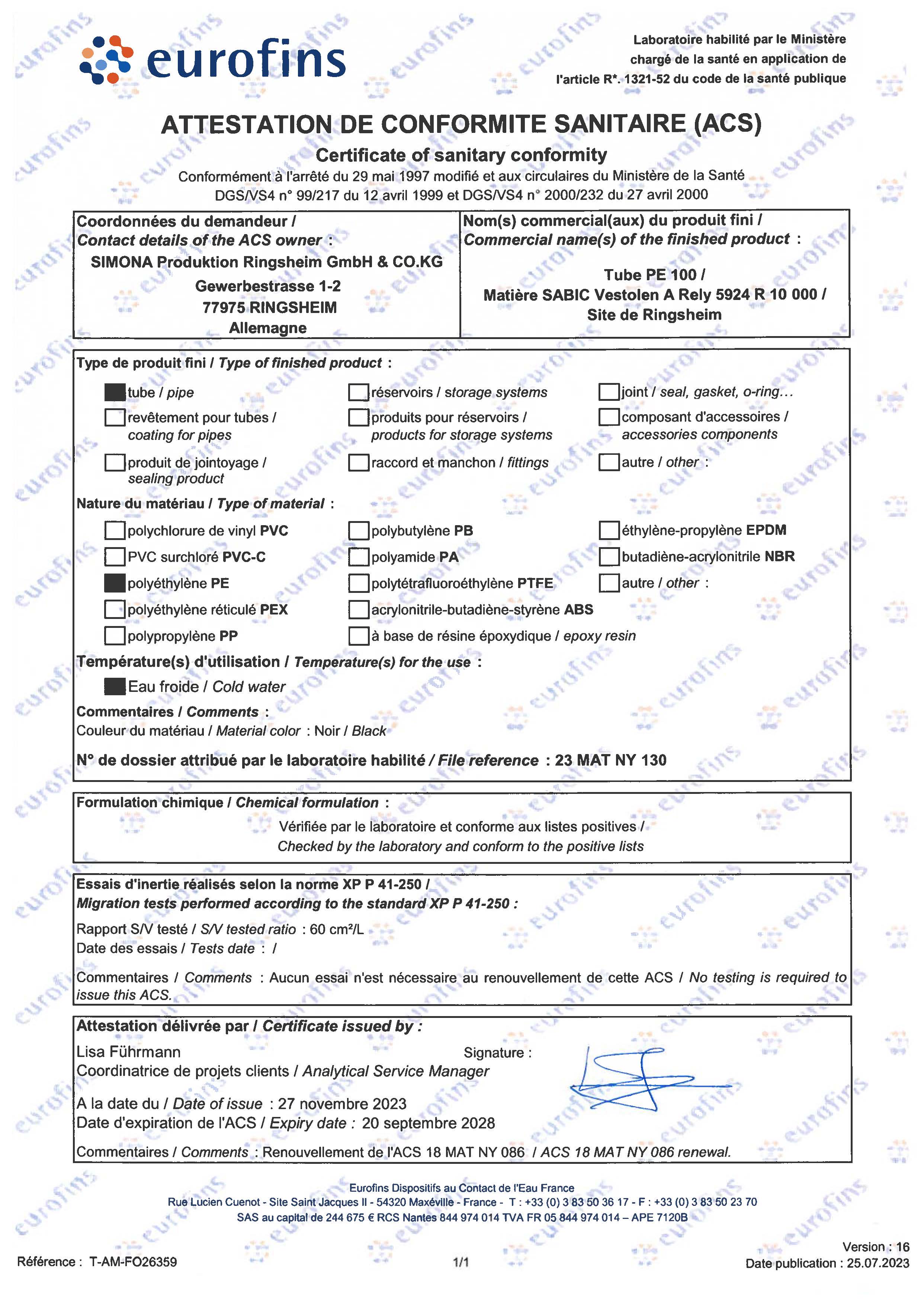 Attestation de conformité sanitaire (ACS) Tube PE100/ Matière SABIC Vestolen A Attestation de conformité sanitaire (ACS) Tube PE100/ Matière SABIC Vestolen A
