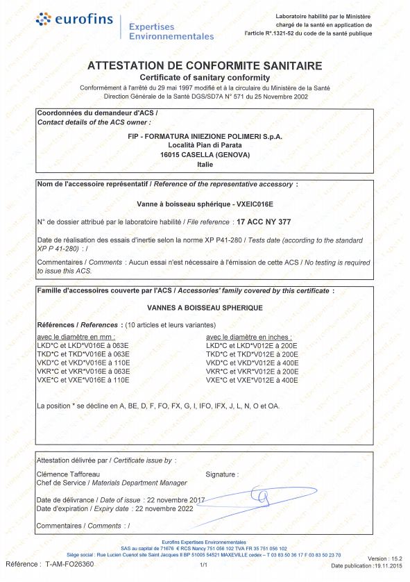 Attestation de conformité sanitaire (ACS) VANNES A BOISSEAU SPHERIQUE