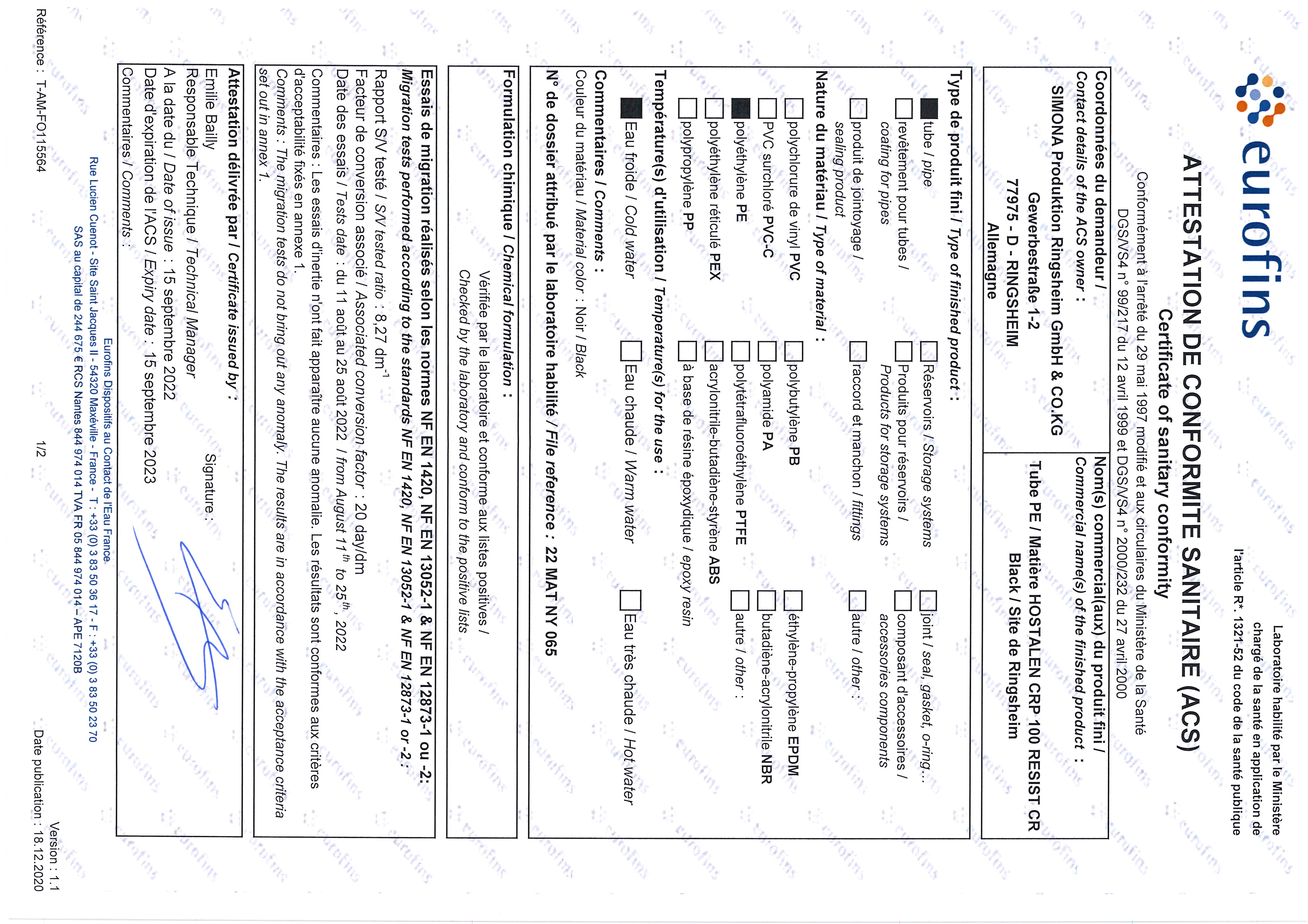 Attestation de Conformité Sanitaire (ACS) raccord PE100 RC Aliaxis