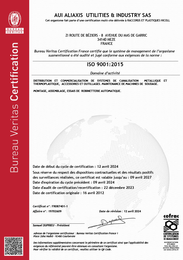 Certificat ISO 9001 Certificat ISO 9001