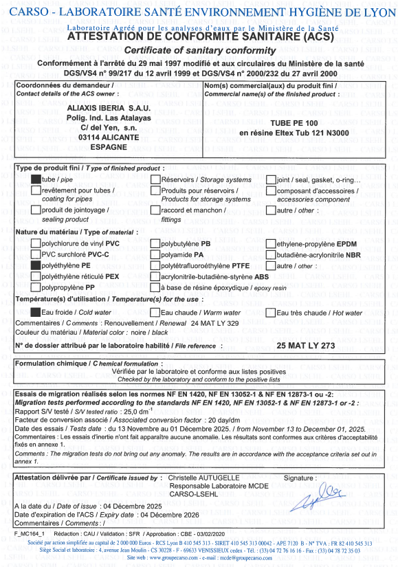 ACS Tubes PE100 Eltex Tub 121 N3000 - validité 04.12.2026