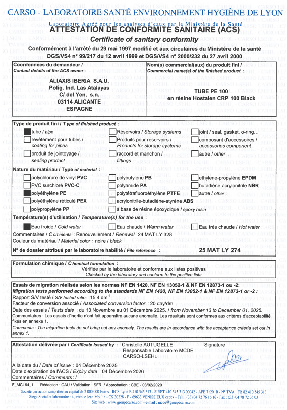 ACS Tubes PE100 Hostalen CRP 100 - validité 04.12.2026