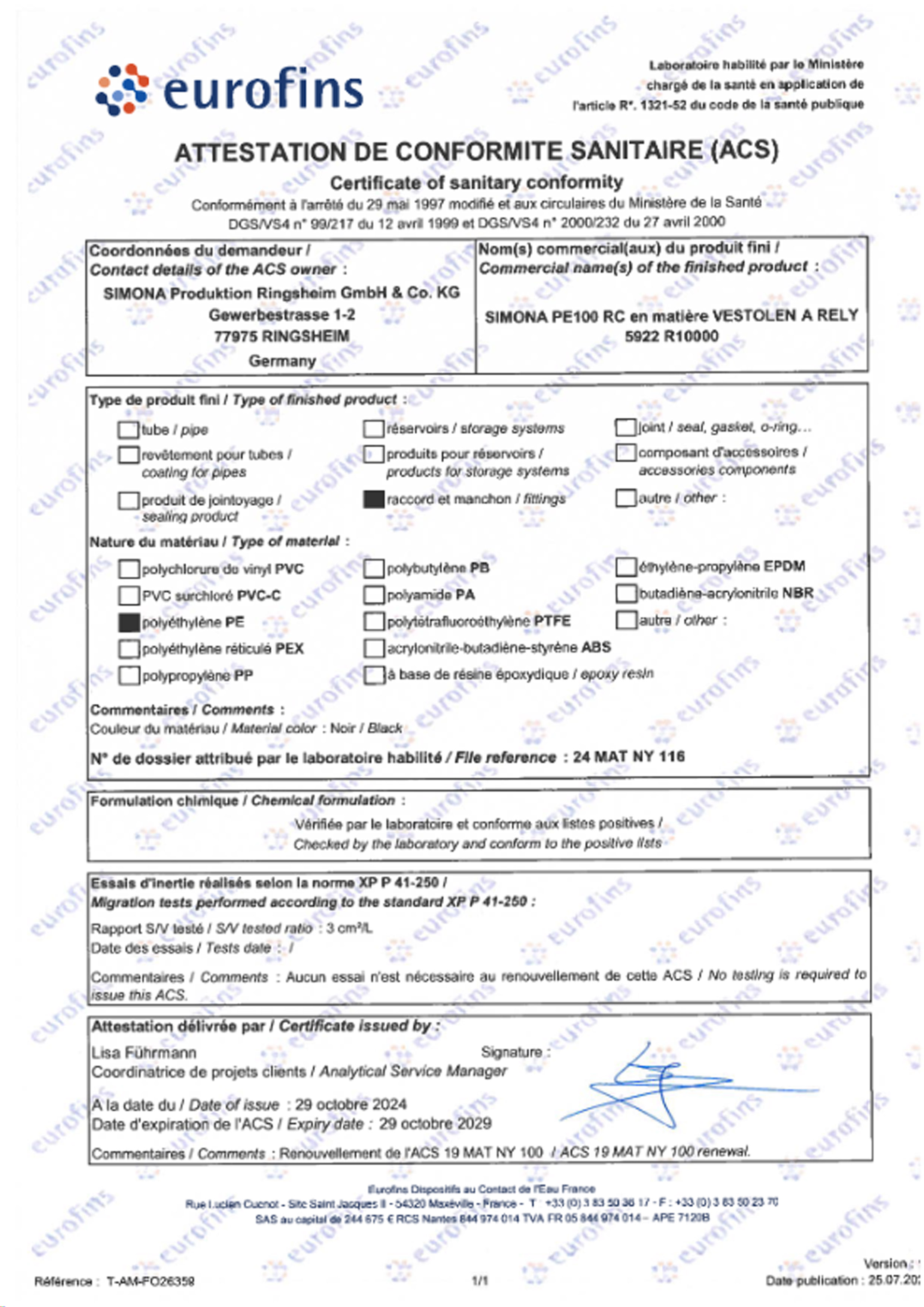 Certificat ACS - raccord PE100 RC Certificat ACS - raccord PE100 RC
