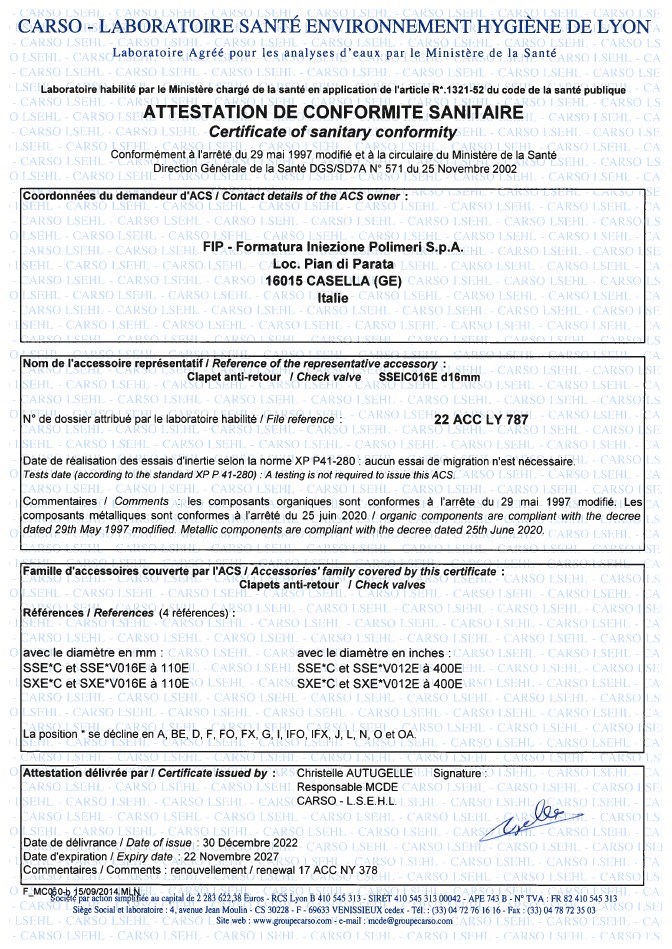 ACS clapet anti retour FIP ACS clapet anti retour FIP