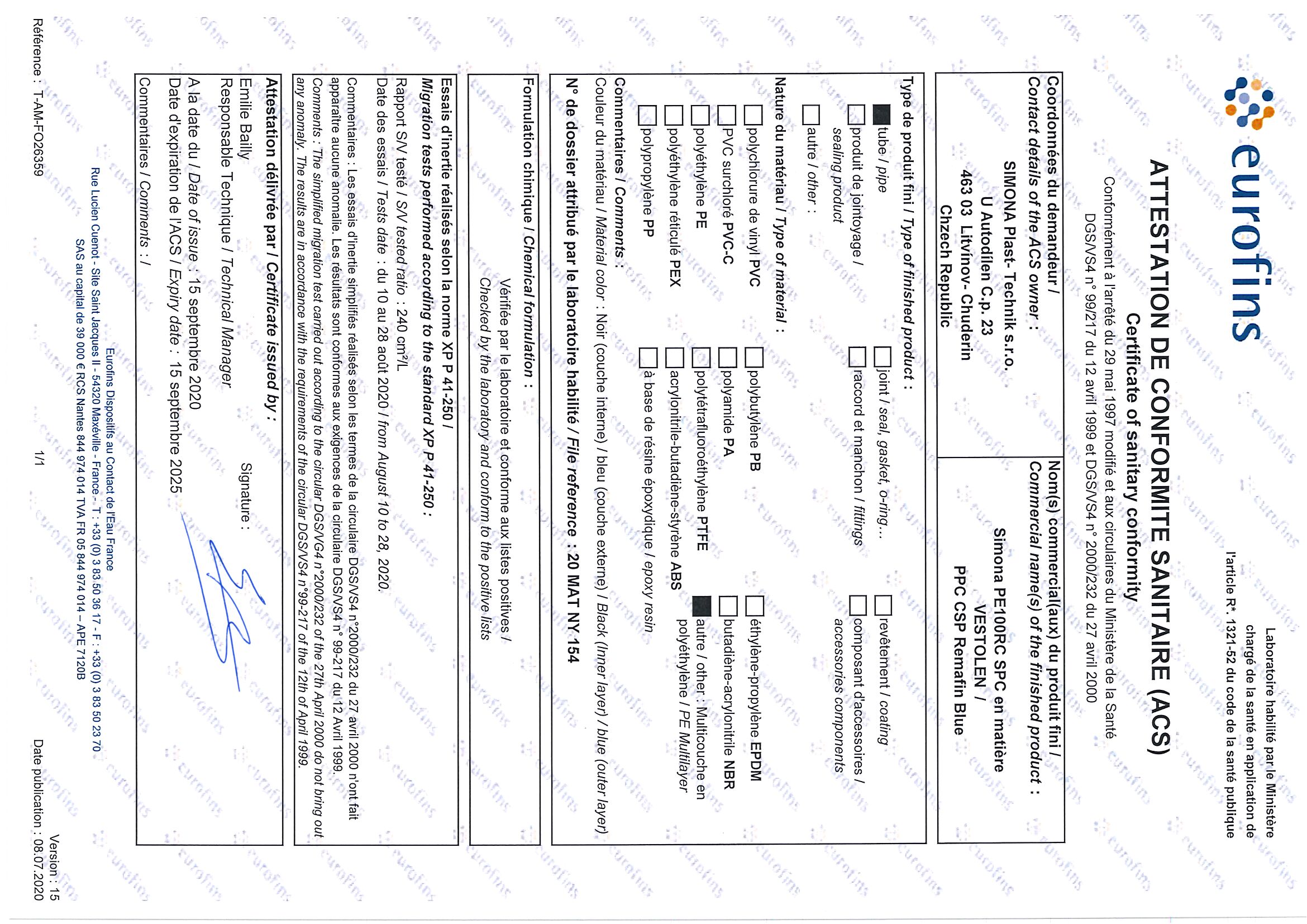 Attestation de conformité sanitaire (ACS) Tube PE100RC SPC VESTOLEN Attestation de conformité sanitaire (ACS) Tube PE100RC SPC VESTOLEN