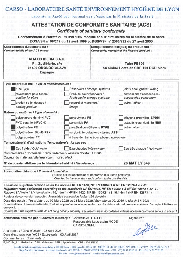 ACS - Tube PE100 RCD Black résine Hostalen